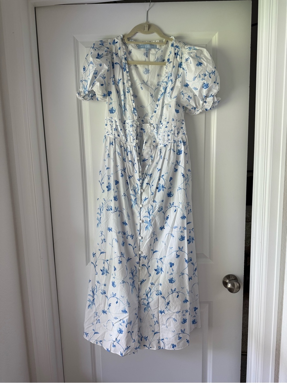 Hill House Sabrina White Maxi Dress with Blue Floral Print